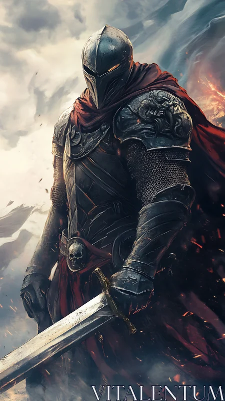 Ember-eyed dark knight poised in stormlit battlefield hush.