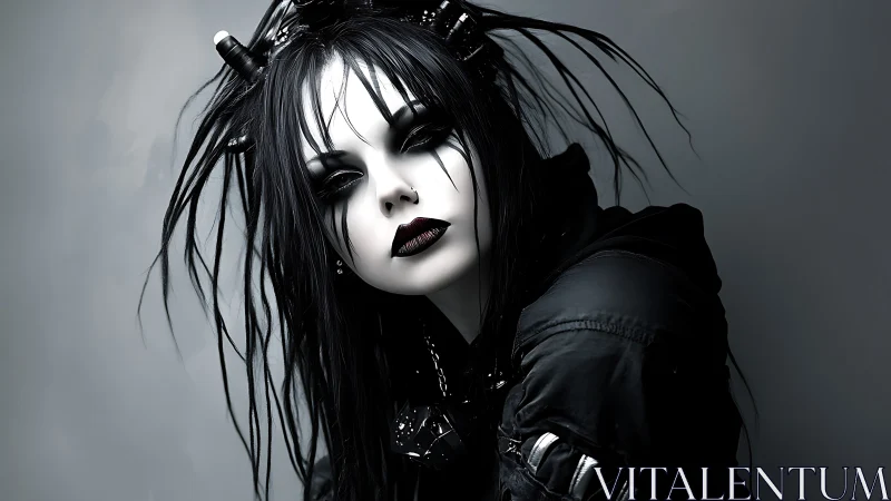 Cyber-goth portrait with monochrome palette and high-contrast makeup