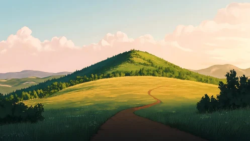 Winding dirt path crosses sunlit meadow toward green hill