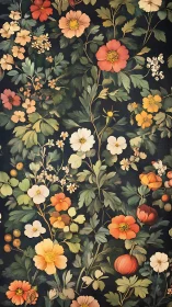 Midnight botanical wallpaper with layered vintage florals.