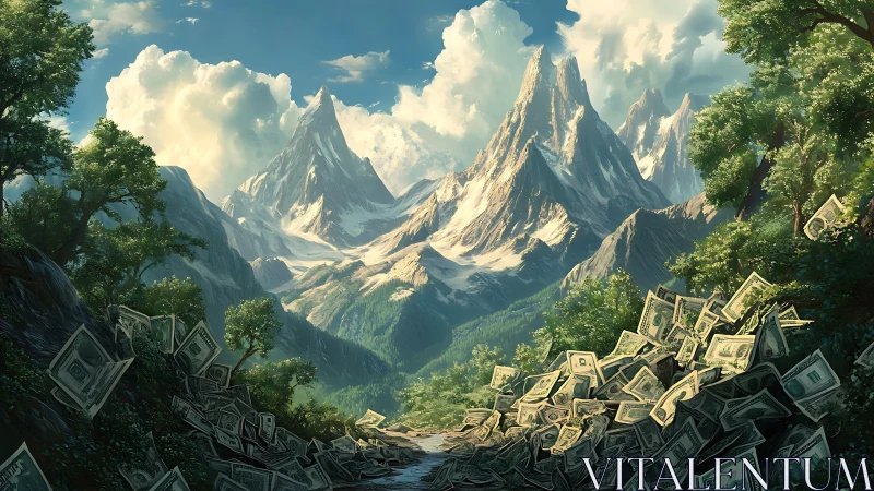 Mountain valley of money contrasts nature and wealth symbolism.
