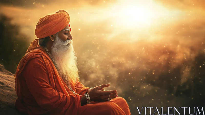 Elderly sage in orange robes meditates under radiant cosmic light