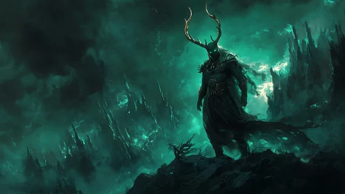 Antlered shadow lord over emerald storm abyssal realm.
