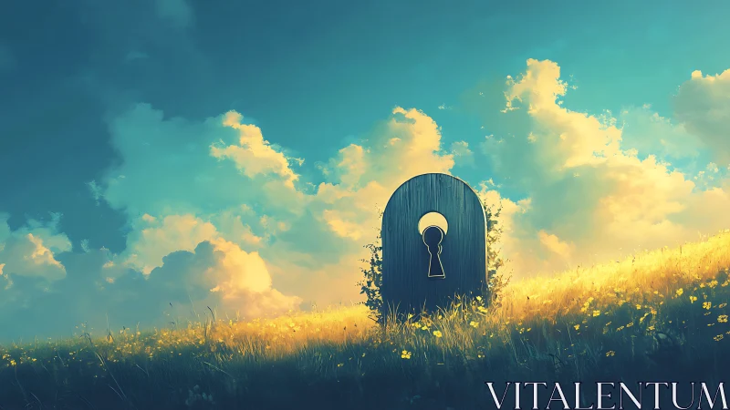 Vertical keyhole structure in sunlit meadow under clouds.