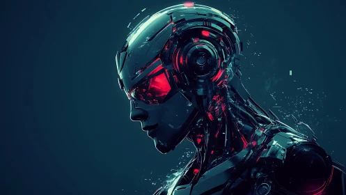 Cybernetic android profile with glowing red circuitry.