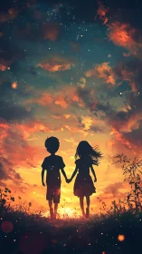 Silhouetted children beneath a blazing cosmic sunset sky.