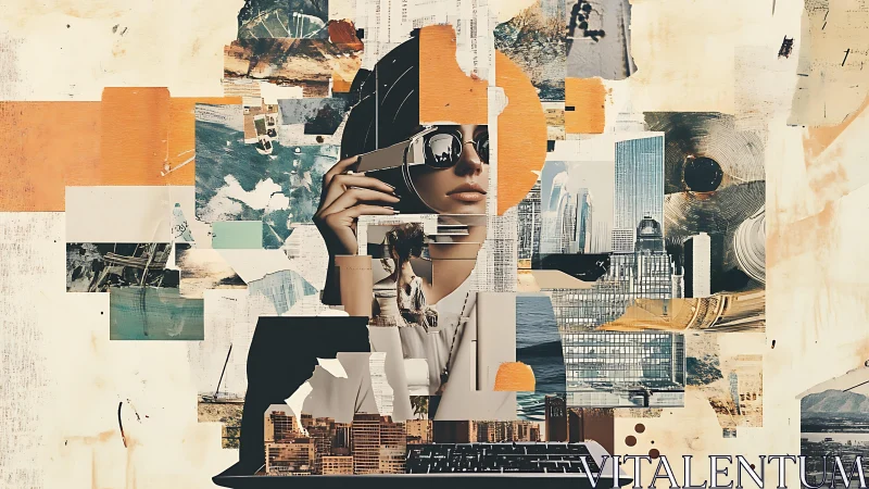 Mixed-media digital collage of woman with VR visor and cityscapes