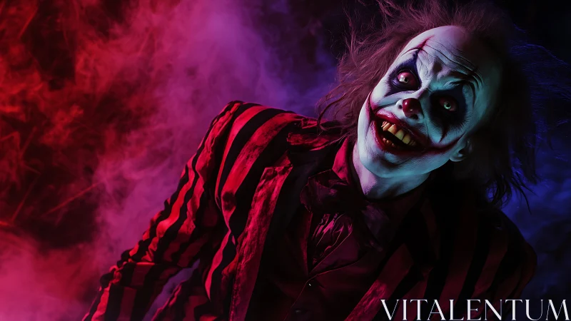 Sinister clown portrait under neon smoke lighting.