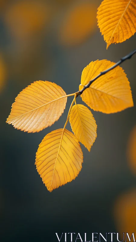 Golden autumn leaves hang sharply focused against soft blur