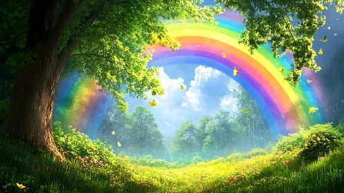 Rainbow gate in a sunlit forest meadow of quiet wonder.