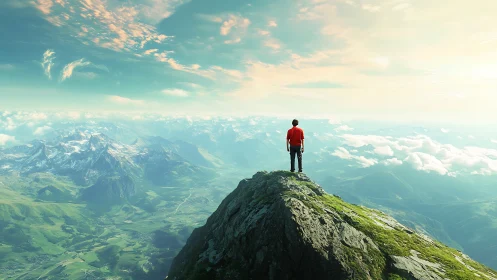 Man in red shirt stands on sunny mountain summit ridge.