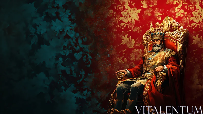 Regal king seated on ornate golden throne in red hall.