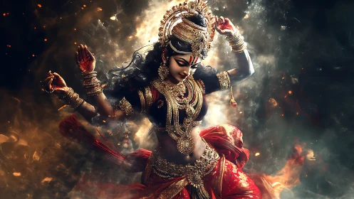 Digital depiction shows ornate dancer amid dynamic smoke field