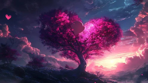 Glowing Heart-Shaped Tree at Sunset.