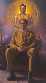 Golden-robed leader seated before radiant Buddha mandala
