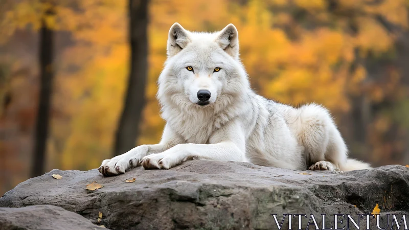 White wolf resting on rocks with soft autumn forest background.