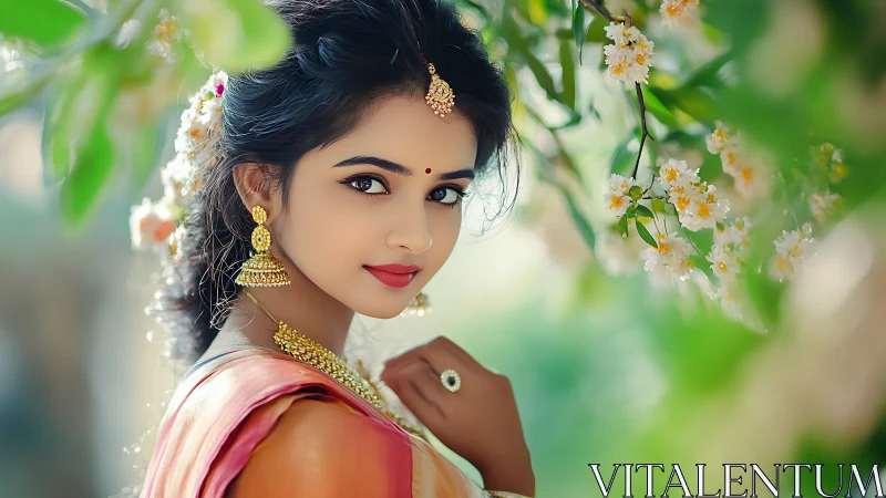 High-saturation digital portrait of woman in sari with floral bokeh