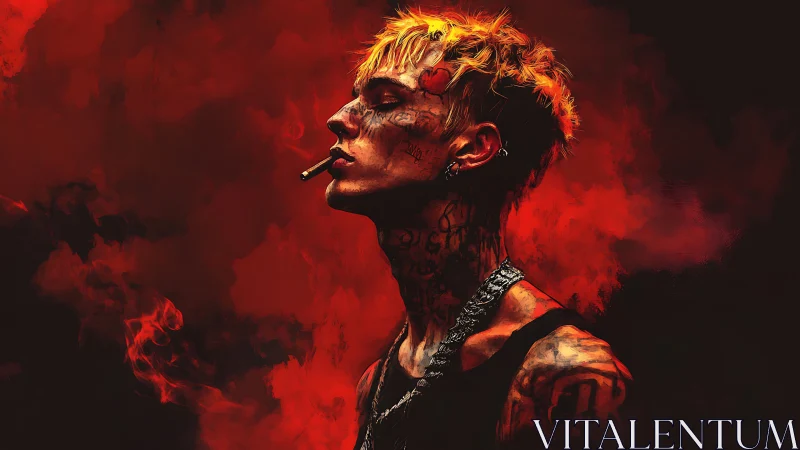 Tattooed male profile in red smoke digital portrait.