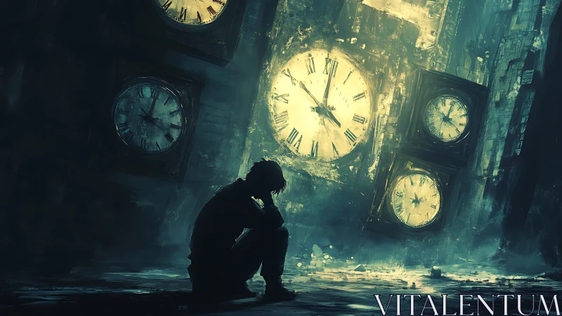 Clocks lean over a lone thinker drowning in slow green time