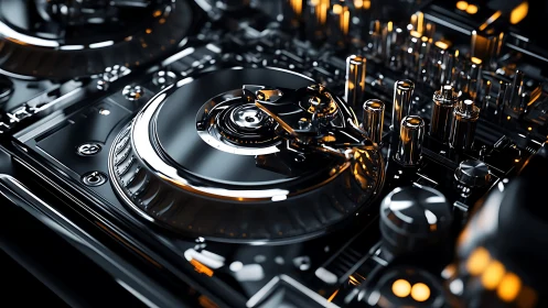 Futuristic chrome DJ turntable array with glowing circuitry detail.