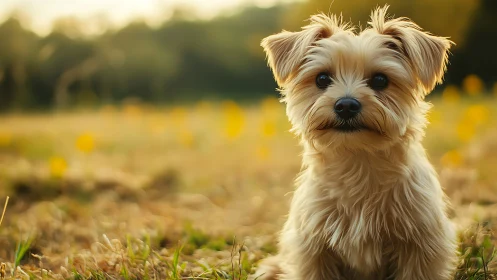 Small fluffy dog sits in golden sunlit meadow field.