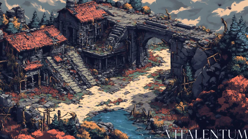 Ancient stone village bridge spans a quiet autumn ravine.