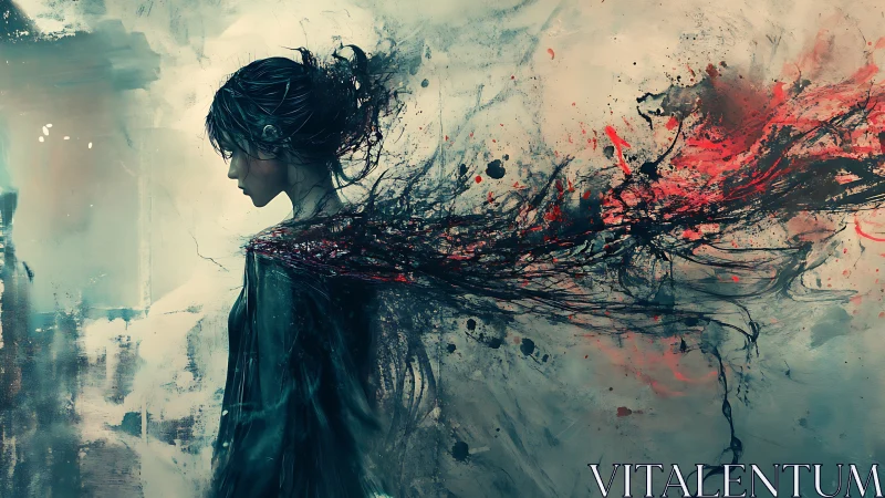 Solitary cybernetic figure with abstract crimson dispersion.