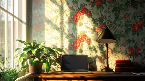 Sunlit floral workspace dramatized by directional morning light