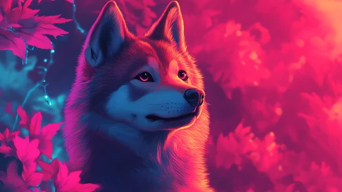 Canine portrait in neon-toned foliage environment.