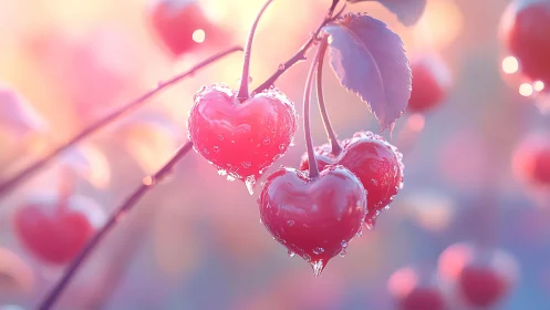 Glistening heart-shaped berries glowing in soft sunrise light.