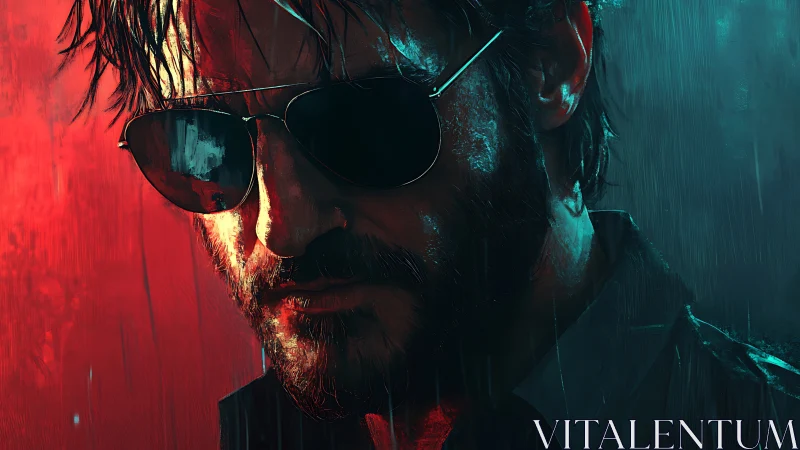 Brooding man in rainlit neon portrait with moody contrast.