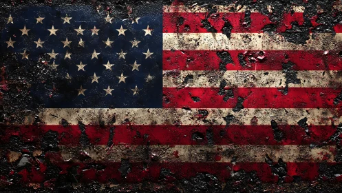 Weathered American flag with heavy burn and rust damage.