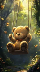Teddy bear glides on woodland swing through golden light