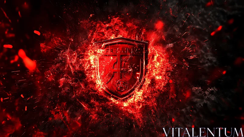 Fiery red team crest blazes boldly in swirling darkness