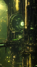 Vertical orbital megastructure with luminous green core.