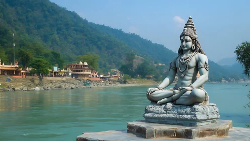Riverbank stone deity sculpture in meditative frontal alignment.
