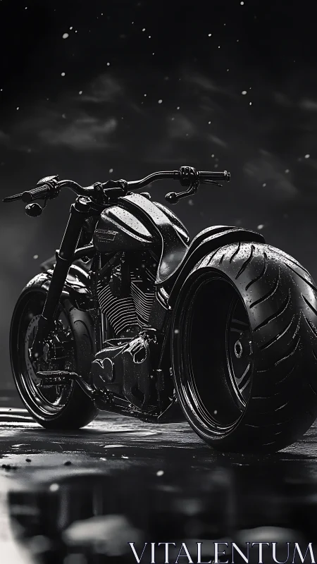 Custom black motorcycle with wide rear tire at night.