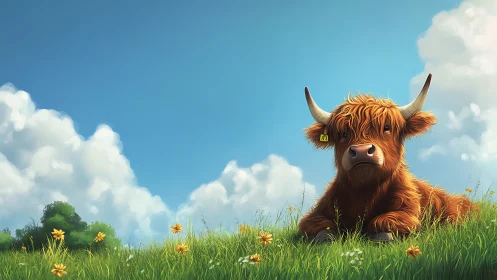 Highland cow resting on sunny wildflower meadow hillside.
