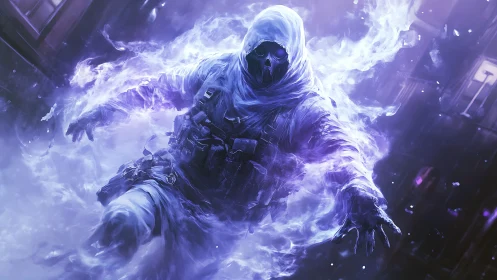 Hooded spectral soldier in violet energy field motion.
