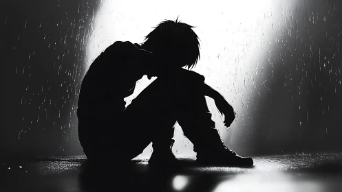 High-contrast anime silhouette of seated figure in rainscape.