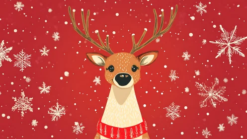 Festive reindeer smiles amid swirling snowflakes on red