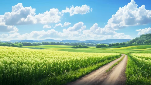 Curving rural dirt road leads through sunlit flowering fields
