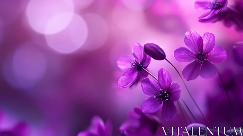 Purple cosmos flowers rendered with soft-focus bokeh and luminous backlighting technique.