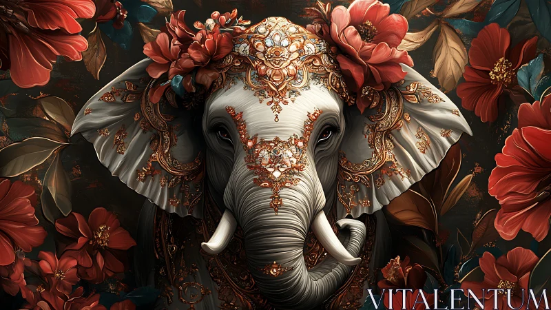 Ornamental elephant portrait with baroque floral filigree forms.