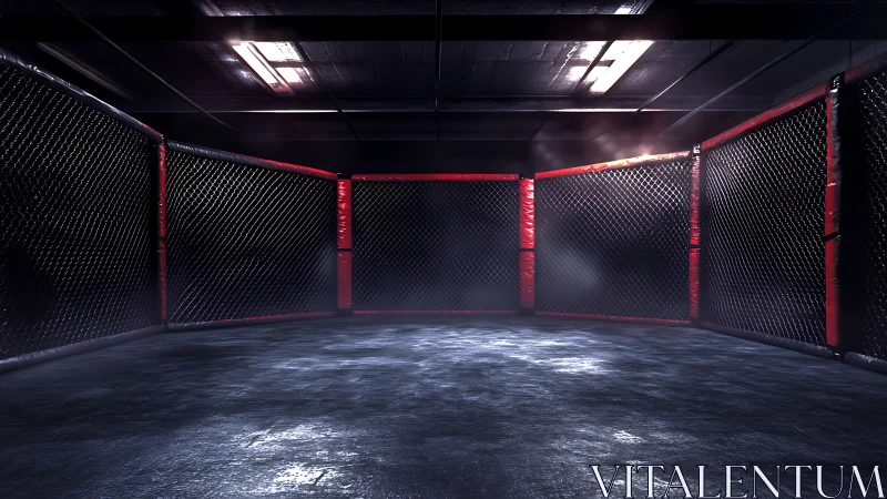 Empty mixed martial arts cage in dim indoor arena.