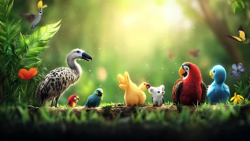 Adorable Cartoon Birds and Animals Gather in Lush Forest Setting.