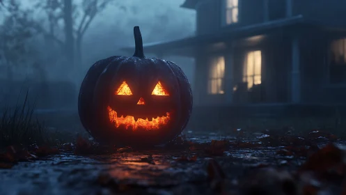 Photorealistic jack-o-lantern on rainy suburban porch at dusk.