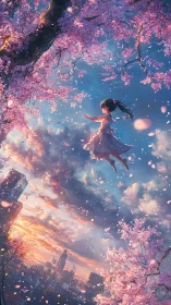 Girl drifting through sakura skies above dreaming cityscape.