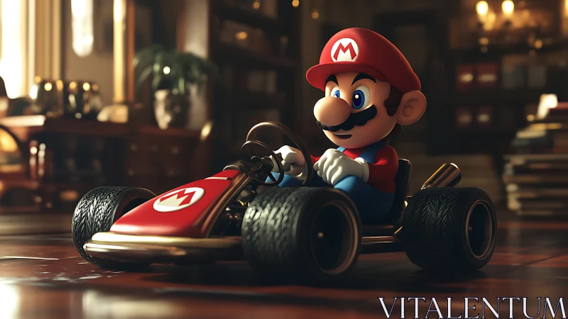 3D cartoon racer drives detailed kart across polished floor