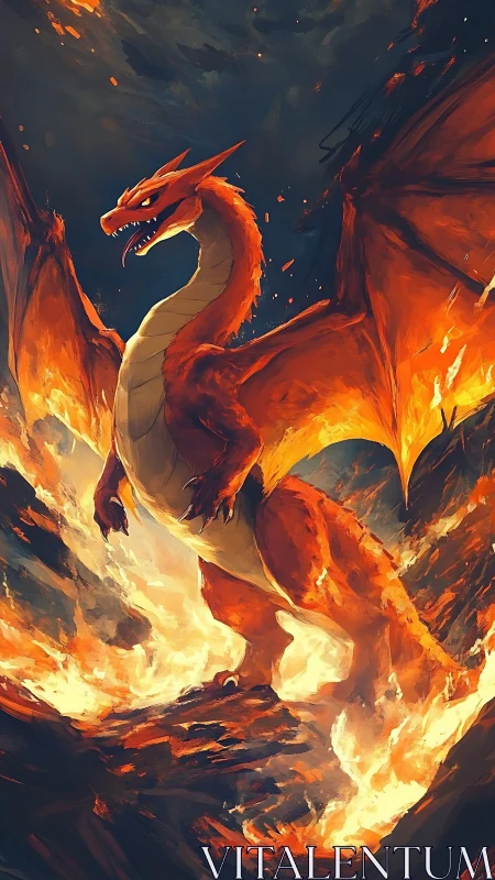 Fire dragon roars above molten lava in a stormy sky